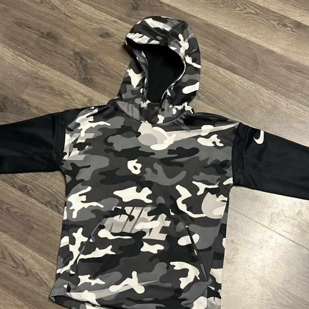 Boys Small Nike Dri Fit Black White Grey Camouflage Print Hoody